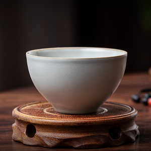 汝窑单杯主人杯开片可养圆口杯中式蝉翼纹汝瓷茶盏茶杯大号品茗杯