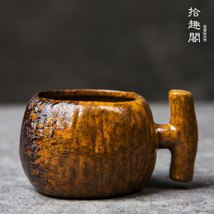 复古粗陶茶具日式手工陶瓷品茗杯带把普洱茶杯古陶手工杯个性单杯