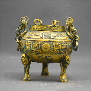 仿古青铜器鎏金链子鼎三足青铜鼎铜香炉古玩收藏影视道具铜艺术品