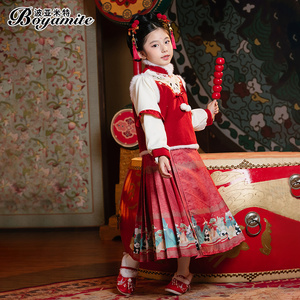 女童加绒公主裙套装冬装2023新款儿童洋气连衣裙新年中国风套装裙