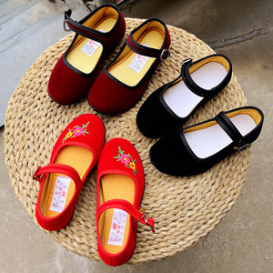 老北京女童布鞋黑绣花鞋民族舞蹈鞋秧歌舞新疆舞鞋平跟红色演出鞋