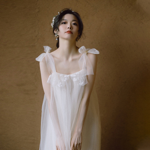 晨袍女新娘订婚礼服草坪轻婚纱日常可穿白色刺绣高端气质连衣裙子