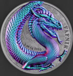 缺货 德国2020年猛兽法夫纳巨龙超高浮雕幻彩紫青红龙 2盎司银币