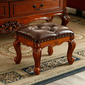 美式圆凳实木矮凳门口换鞋凳客厅沙发茶几凳欧式小凳子皮板凳家用