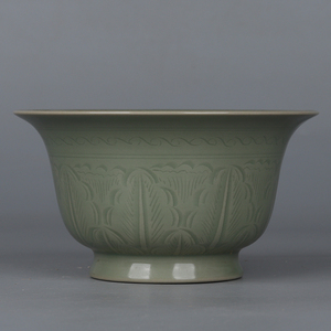 仿北宋越窑青瓷秘色瓷雕芭蕉叶纹高足碗仿古瓷器古玩董收藏品摆件