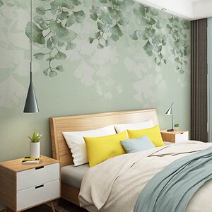 卧室床头背景墙壁画墙布日系银杏叶 客厅影视墙装饰壁纸来图定制