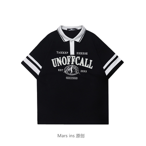 mars ins 潮牌美式复古雪山刺绣polo衫条纹短袖t恤男女宽松bf半袖
