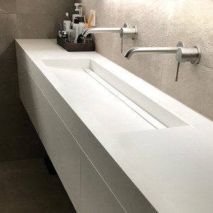 定制白色岩板一体盆橡木浴室柜组合简约洗手池人造石洗手台洗脸盆