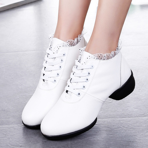 夏季女式广场舞鞋软底现代中跟舞蹈鞋系带透气成人跳舞鞋白色鞋子