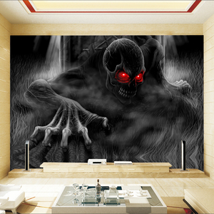黑夜3d立体骷髅头壁画5d墙纸密室逃亡鬼屋壁纸怪兽恐怖主题房背景