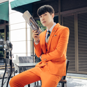 西服套装男司仪结婚礼服舞台潮流时尚韩版修身显瘦橙色西装三件套