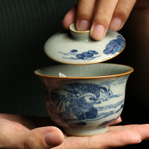 景德镇手绘复古青花百年好合盖碗古韵茶具中式茶碗陶瓷功夫茶具