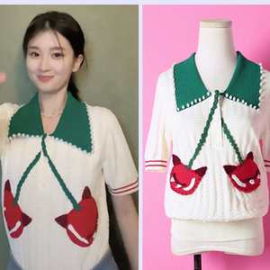 抖音乔欣明星同款樱桃短袖冰丝针织衫娃娃领短袖t恤女ins潮上衣