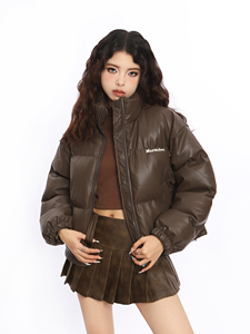 BIGGOLD美式复古棕色pu皮美德拉短款棉服女冬季加厚保暖棉袄外套