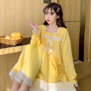 珊瑚绒睡衣女冬季长袖甜美可爱法兰绒居家服公主风套装家居服黄色