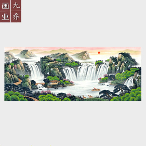 国画财源广进青绿山水字画客厅办公室风水招财挂画横幅宣纸画芯