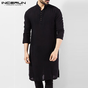 中东印度男式衬衫装长袖长袍阿拉伯风格时尚简约长款男仿棉麻衬衫