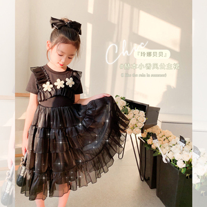 Amybaby女童连衣裙2024新款儿童气质高级感拼接洋气网纱礼服裙