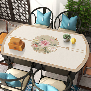 新中式椭圆形餐桌垫PVC桌布防油防水免洗实木折叠弧形桌台面垫布