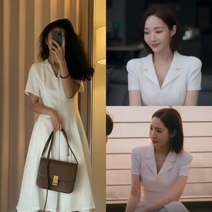 代购高端女装韩国明星同款深v气质收腰显瘦连衣裙洋气白色西装裙