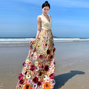宫廷风绝美重工立体花朵绣花刺绣海边度假连衣裙晨袍女新娘高级感