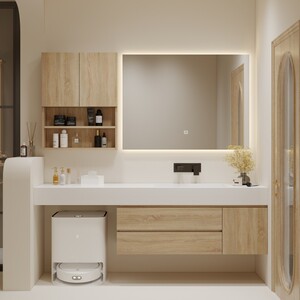 法式奶油风岩板浴室柜组合一体卫生间洗手盆梳妆台无缝陶瓷盆定制