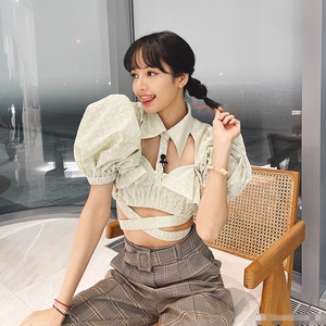 青春有你3lisa同款镂空泡泡袖短款衬衫交叉绑带露腰性感显瘦上衣