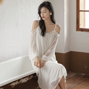 睡裙女春秋性感吊带长裙网纱莫代尔宫廷风夏季蕾丝白色一字肩睡衣