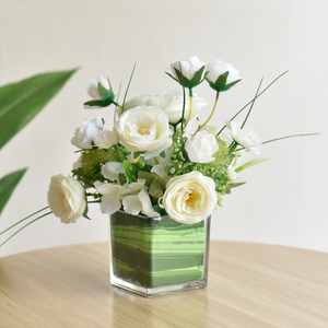 假花仿真花摆设玻璃方杯小桌花餐桌茶几商务会议桌面装饰花艺摆件