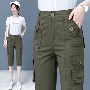 工装七分裤女夏季薄款直筒2024年新款高腰显瘦军绿色纯棉休闲中裤