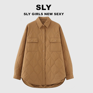 日本代购SLY新款2023翻领波浪纹中长款棉衣女加厚夹棉外套棉服