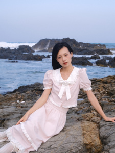 迷路森林小众设计 沁粉 少女感甜美粉色花朵套装长裙2023夏