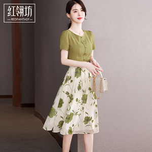 绿色夏天连衣裙2024新款女装夏季时尚设计感拼接圆领收腰显瘦裙子