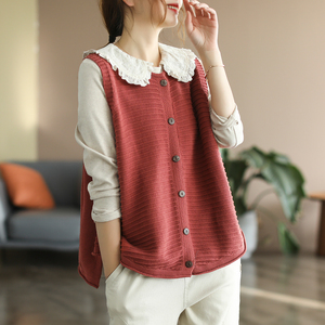 代勒原创文艺复古棉针织无袖马甲春季款女士无袖背心宽松百搭马夹