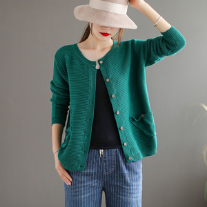 代勒原创设计文艺复古纯色棉线针织开衫女士宽松休闲春秋短款外套
