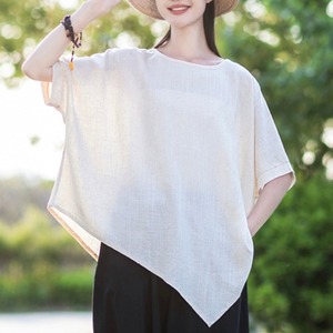 棉麻短袖T恤女2024夏季新款时尚大码设计感不规则上衣休闲蝙蝠衫