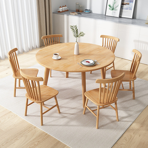 圆桌全实木餐桌椅组合家用北欧简约餐厅商用食堂吃饭原木圆形餐桌