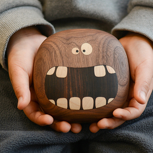 创意可爱小怪兽实木黑胡桃木质乳牙盒儿童牙齿收纳盒生日礼品刻字