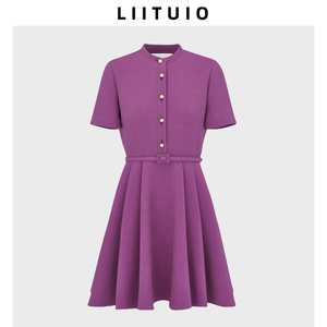 LIITUIO高定24夏季新款优雅气质珍珠扣附腰带紫色短款短袖连衣裙