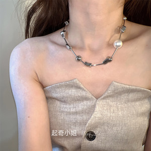 日韩小众设计感不规则金属珍珠拼接项链个性男女锁骨链颈链配饰品