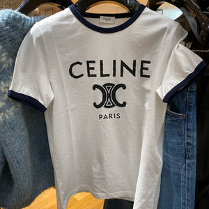 现货celine 21新款拼色圆领套头休闲短袖t恤女士巴黎萌猫正品代购