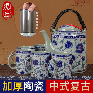虎匠景德镇陶瓷茶壶大容量复古青花瓷水壶套装家用老式提梁壶茶具