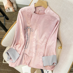 新中式醋酸提花粉色长袖衬衫女款春季轻国风改良唐装禅意盘扣上衣