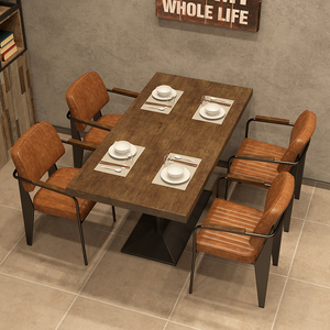 美式工业风铁艺实木长条桌主题餐厅长方形桌子饭店复古餐桌椅组合