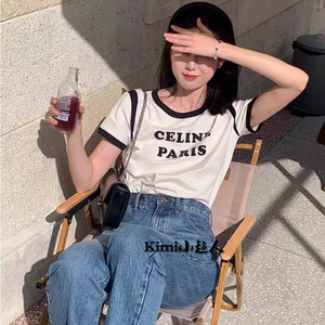 celine/赛琳 22ss新款撞色字母印花短袖t恤女宽松设计感小众上衣