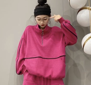 2021秋冬新款女装米兰站11161高领拉链沿条口袋宽松韩版休闲卫衣