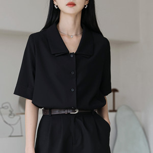 法式黑色宽松气质衬衫女设计感小众双层翻领短袖别致上衣夏季高级
