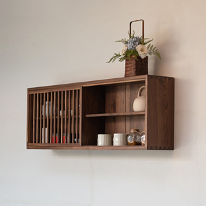 九间房实木墙柜吊柜新中式家具禅意简约壁柜老榆木挂柜中式茶格柜