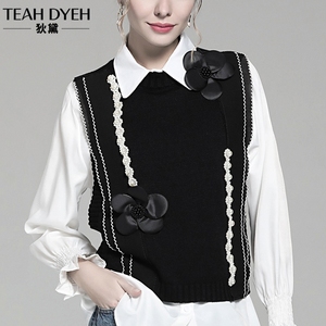 小众设计感法式香风山茶花钉珠白色衬衫针织毛衣背心女叠穿两件套
