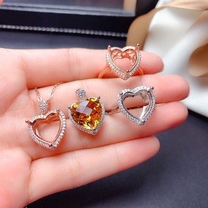 s925纯银镀金戒指吊坠空托女银托可镶嵌翡翠水晶大心形12*12mm